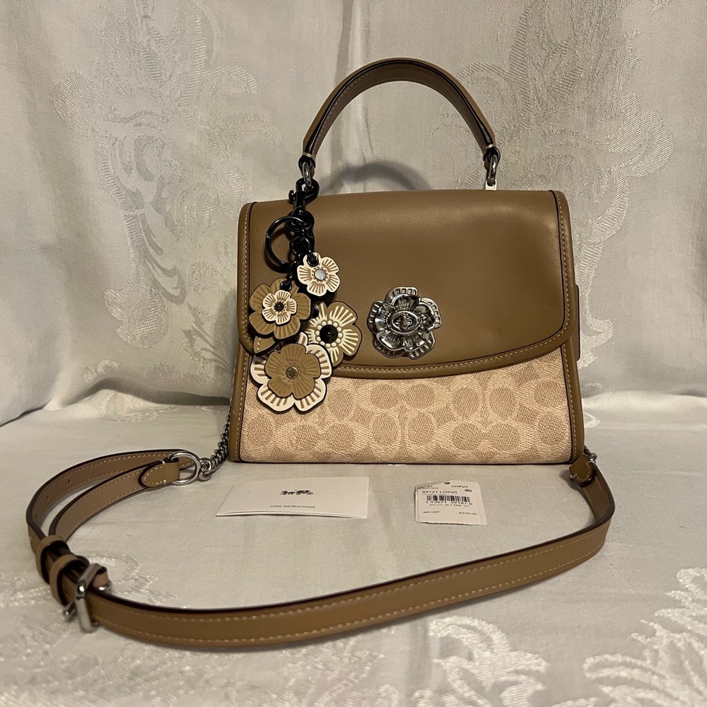 Coach Parker leather handbag in Sand Taupe with matching floral leather keychain
